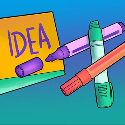 Illustration "Kreativitätstechniken" zeigt einen Zettel auf dem "Bright Idea" steht. daneben Stifte.